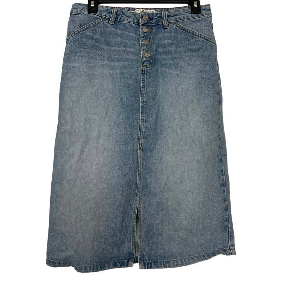 Tommy Hilfiger Y2K Denim Midi Skirt Exposed Button Fly Front Slit Vtg 2000s 6